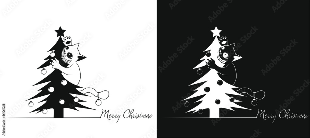 The Bad Cat on the Christmas tree is stealing the star. Black and White Version - obrazy, fototapety, plakaty 