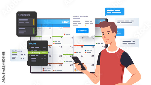 Man planning, adding event in calendar application