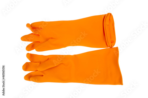 Two orange rubber gloves isolated on white background