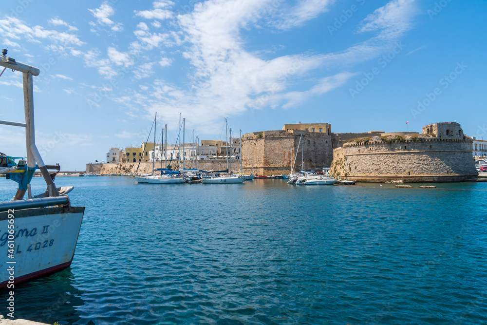 Gallipoli, Lecce, Puglia - August 20 2021: view of the angevin castle and the ancient village Gallipoli, Lecce, Puglia - August 20 2021: view of the angevin castle and the ancient village