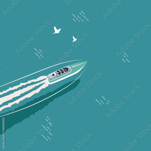 Speed boat on the ocean top aerial view cartoon illustration. Summer vacation poster vector