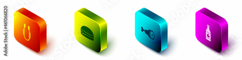 Set Isometric Meat tongs, Burger, Chicken leg and Tabasco sauce icon. Vector