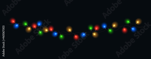 Christmas lights isolated. Colorful Xmas garland. Vector glowing light bulbs on wire strings. 