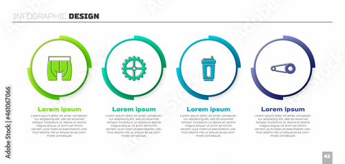 Set Cycling shorts, Bicycle sprocket crank, Sport bottle with water and chain gear. Business infographic template. Vector
