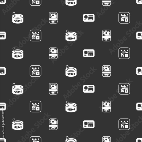 Set Identification badge, QR code, Canned fish and Meat packaging steak on seamless pattern. Vector