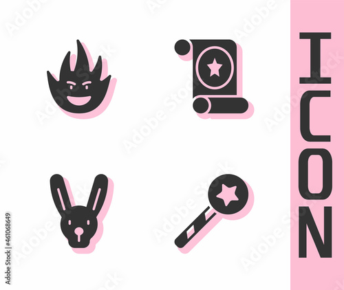 Set Magic wand, Fire flame, Rabbit with ears and scroll icon. Vector