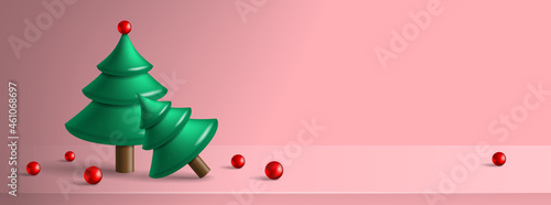 3d christmas trees and balls on the table product holiday presentation with copy space mock up
