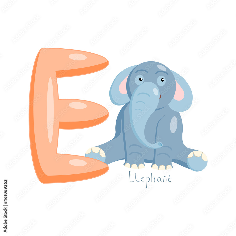 Obraz premium Letter E. Children's alphabet, cute elephant. Vector illustration for learning English.
