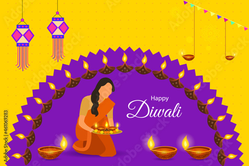 Indian woman celebrating diwali with puja thali and diya. Diwali festival decorative background with lantern.