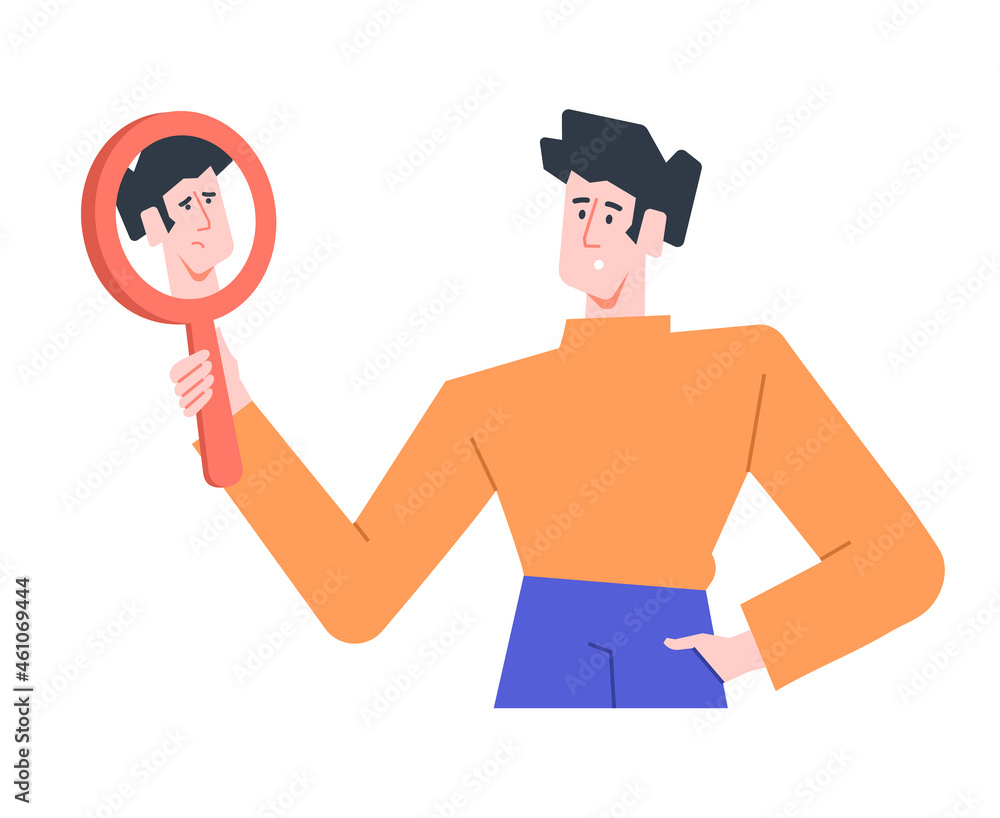 The man looks in the mirror and sees his sad, depressed, tired reflection. Hidden emotions, depression and burnout. Seeking psychological help, taking care of mental health. Vector flat illustration. The man looks in the mirror and sees his sad, depressed, tired reflection. Hidden emotions, depression and burnout. Seeking psychological help, taking care of mental health. Vector flat illustration.
