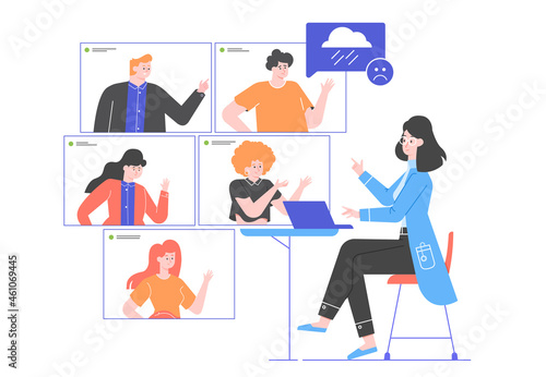 Group psychotherapy online. Doctor behind a laptop and people in a video conference. Seeking psychological help, taking care of mental health, fighting depression and anxiety. Problem solving, support
