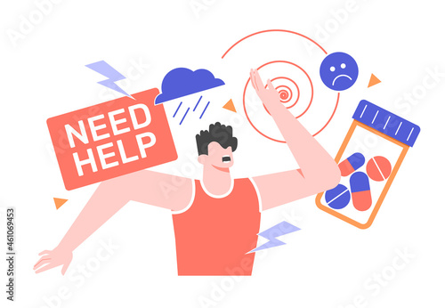 Frightened, angry, emotional man waving his arms. Mental health, stress, antidepressant medication. Psychological assistance to a patient with anxiety and burnout. Vector flat illustration.