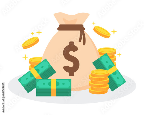 Money bag with pile or stack of golden coins and banknotes. Creative financial concept of rich or wealthy. Symbol of cash and currency. Trendy cute cartoon flat vector illustration.  Graphic icon.