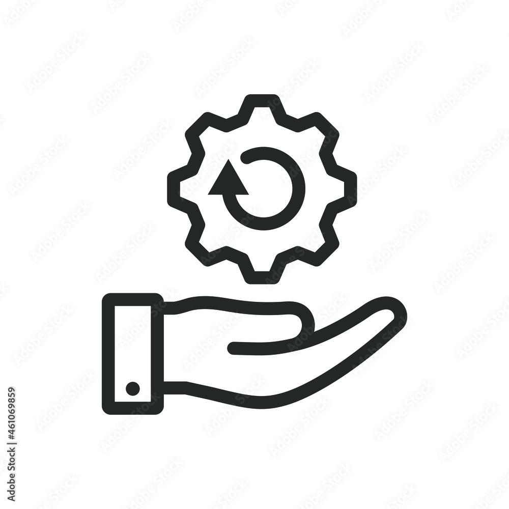 Cogwheel with circular arrow on hand. Upgrade, progress, workflow icon concept isolated on white background. Vector illustration