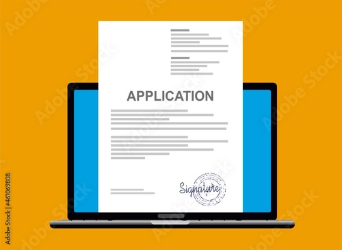 Electronic application in vector illustration. Signing an electronic application online by laptop