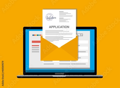 Electronic application in vector illustration. Signing an electronic application online by laptop