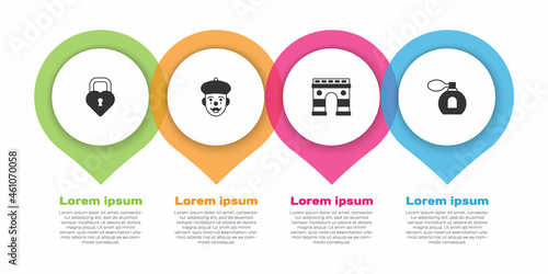Set Castle in the shape of heart, French mime, Triumphal Arch and Perfume. Business infographic template. Vector