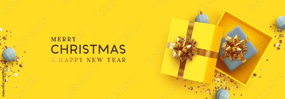 Yellow Christmas banner. Xmas Background realistic design open gifts box with surprise, bauble ball 3d render and glitter gold confetti. Horizontal new year poster, greeting card, headers website - obrazy, fototapety, plakaty 