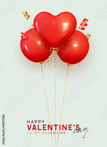 Bunch of red helium balloons on ribbon with gold glittering confetti, baloons are round and in shape heart. Realistic 3d design for Valentine's Day, wedding, birthday. Vector illustration