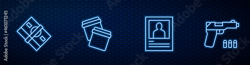 Set line Wanted poster, Stacks paper money cash, Plastic bag with ziplock and Pistol or gun. Glowing neon icon on brick wall. Vector