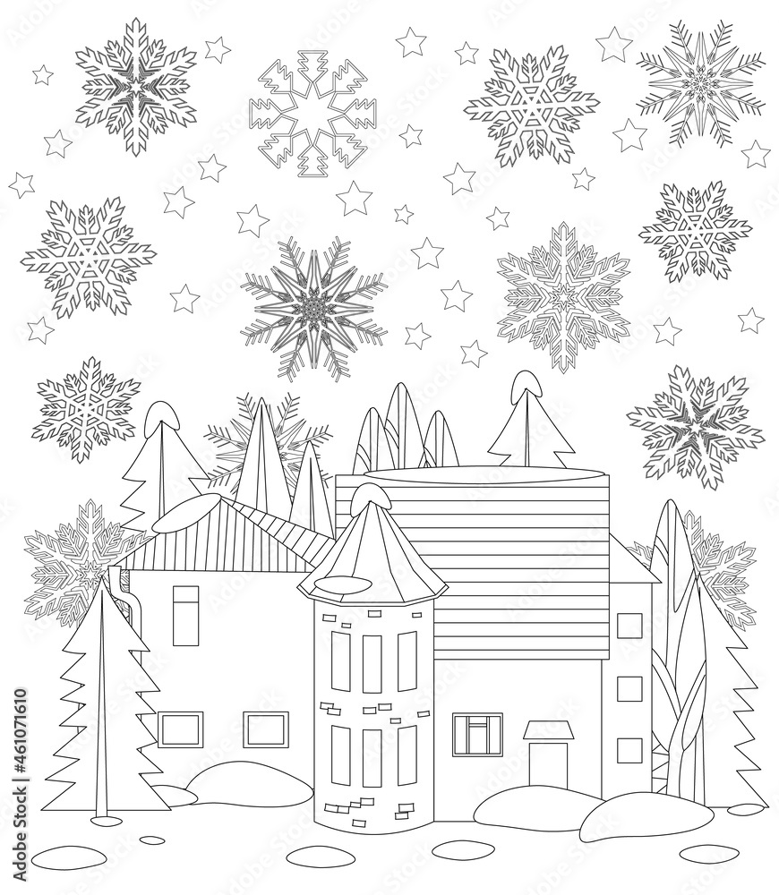 winter cityscape with trees and snowflakes for your coloring boo