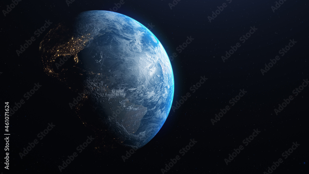 Fototapeta premium Planeta tierra en el espacio con iluminacion de las ciudades. Luz del sol iluminando la tierra.