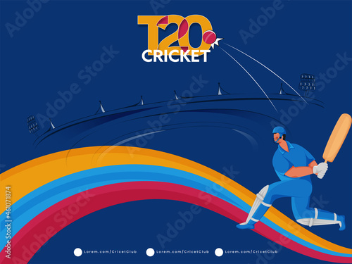T20 Cricket Poster Design With Cartoon Batsman Hitting Ball And Colorful Wave On Blue Stadium Background.