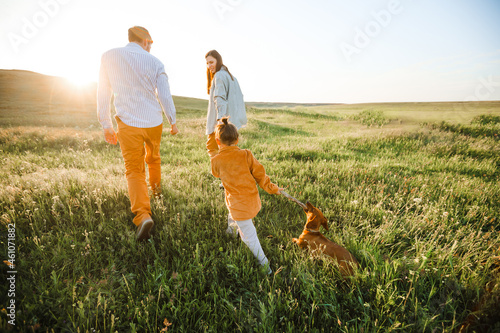 A hipster family walks in a summer field.