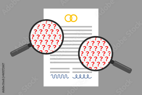 Marital agreement and two magnifiers with red question marks