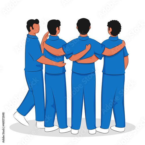Back View Of Cricket Players Huddle Together On White Background.