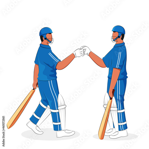 Cricket Batsmen Fist Bumping Each Other On White Background.