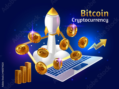 bitcoin cryptocurrency with rocket booster and laptop