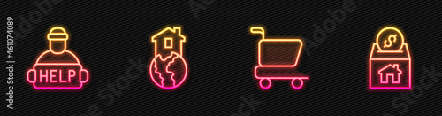 Set line Shopping cart, Help homeless, Shelter for and Donation and charity. Glowing neon icon. Vector