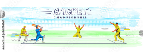 Vector Illustration Of Cricket Players In Action Pose On Watercolor Effect Stadium Background For Championship Concept.