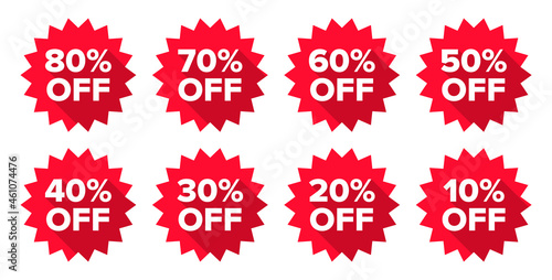 Sale badge set. Set of sale tags, badges, stickers or labels. Percent off badges with 20%, 30%, 40%, 50%, 60%, 70% etc. Clearance sale sticker vectors for promotions and discounts