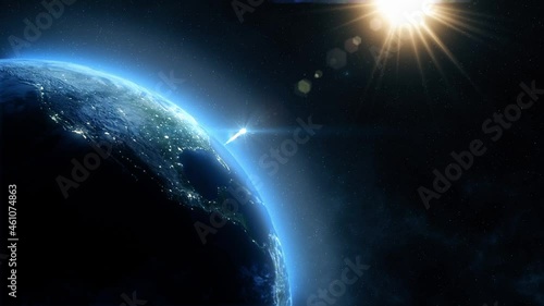 Rocket launch seen from outer space exiting earth orbit. Planet Earth viewed from space.