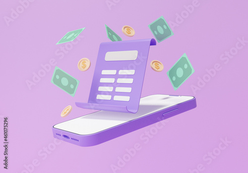 3D render Online payments coin and Banknotes bill money floating on smartphone transaction concept. pay Internet banking on Purple background cartoon minimal style. illustration