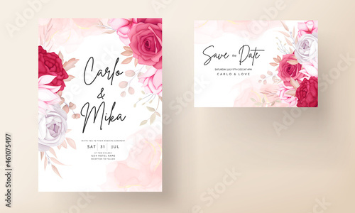 romantic hand drawn maroon floral wedding invitation card