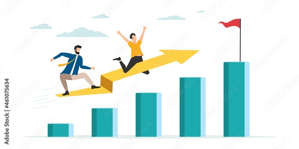 Two businessmen on the arrow are flying forward. striving for the top. The team provides support, grows together. Vector illustration for teamwork, collaboration concept. Two businessmen on the arrow are flying forward. striving for the top. The team provides support, grows together. Vector illustration for teamwork, collaboration concept.