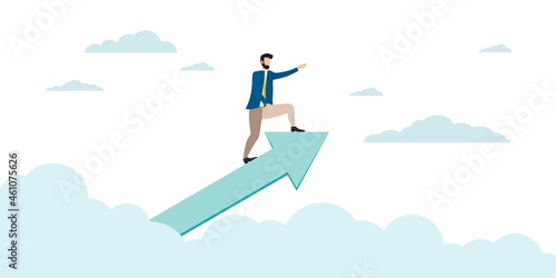 The businessman on the arrow flies forward. striving to the top. The team provides support, grows together. Vector illustration for teamwork, collaboration concept.