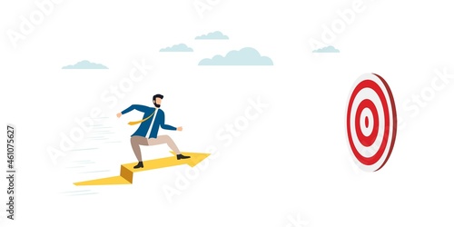 The businessman on the arrow flies forward. striving to the top. The team provides support, grows together. Vector illustration for teamwork, collaboration concept.
