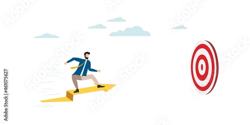 The businessman on the arrow flies forward. striving to the top. The team provides support  grows together. Vector illustration for teamwork  collaboration concept.