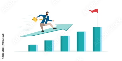 The businessman on the arrow flies forward. striving to the top. The team provides support, grows together. Vector illustration for teamwork, collaboration concept.