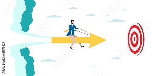 The businessman on the arrow flies forward. striving to the top. The team provides support, grows together. Vector illustration for teamwork, collaboration concept.