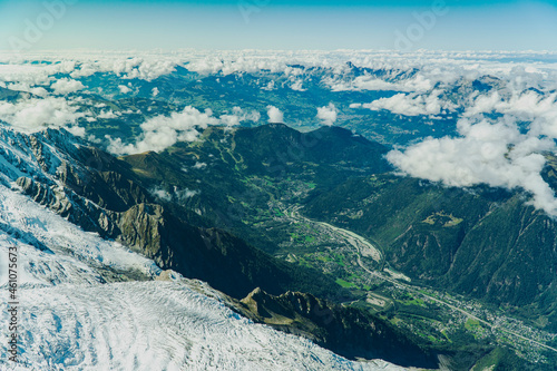View of the village in the valley from the Aiguille du Midi observation deck