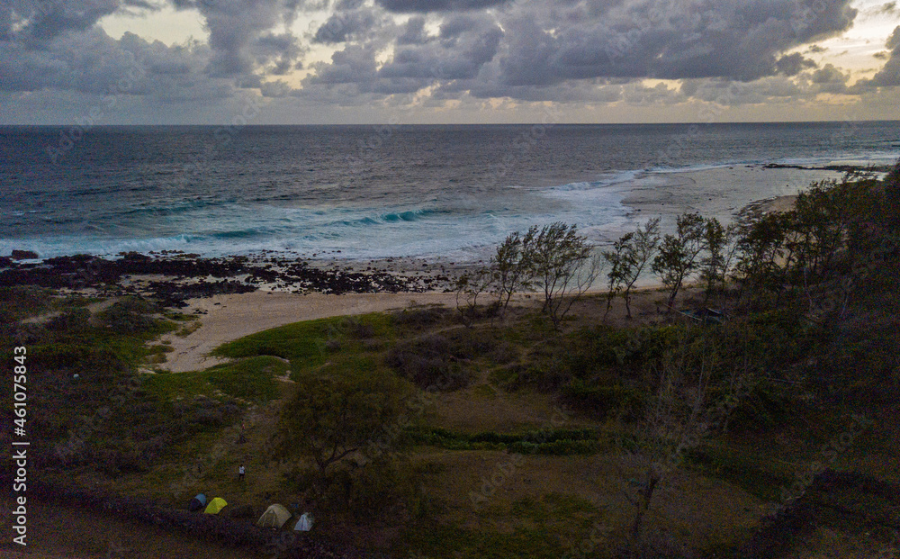 Aerial view of Savinia beach during sunset in Mauritius