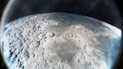 Moon surface seen from spaceship moon lander hatch window. Orbiting the moon with craters.