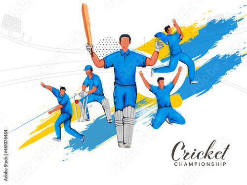 Cricket Championship Concept With Faceless Cricketer Players In Action Pose And Brush Stroke Effect On White Background.