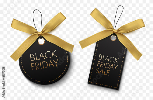 Black Friday sale black labels with gold bow isolated on white background. Vector tags