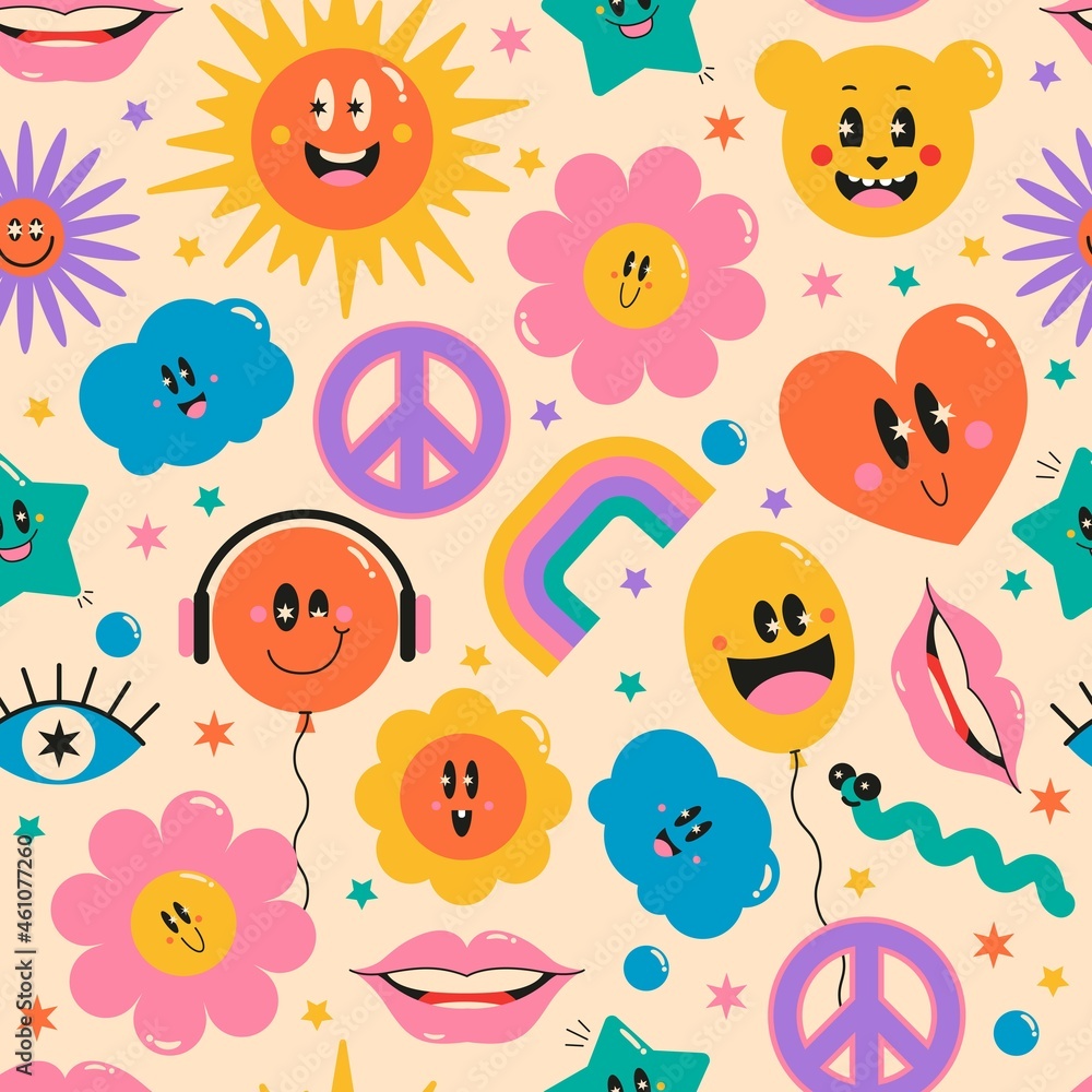 Seamless pattern with flowers, stars, hearts Seamless pattern with flowers, stars, hearts